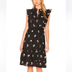 Ulla Johnson Estelle Dress Floral Swiss Dot Ruffle Dress Noir